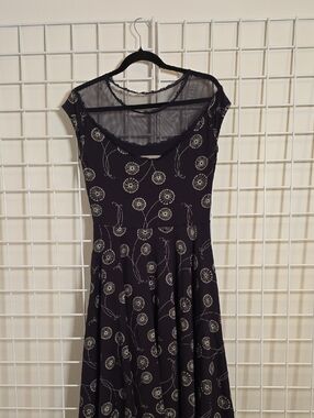 Effie's Heart Black Midi Dress with Cream Dandelion Wish Motif ,Pockets Size Med